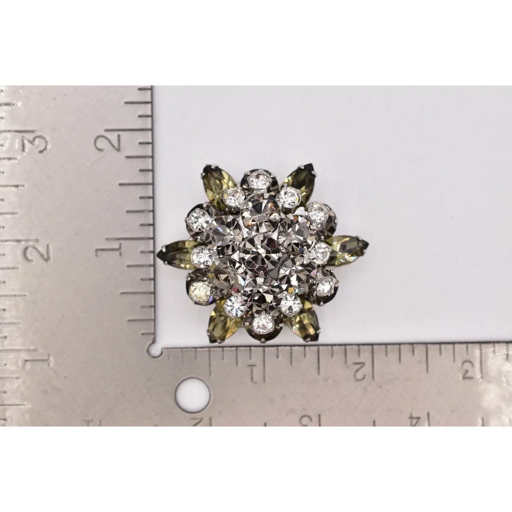 Vintage Smoky Gray Rhinestone Brooch Silver Crystal Cluster Flower Pin 60s BinBI